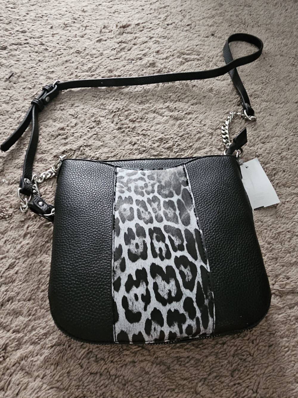 Black Crossbody Bag with Gray Leopard Accent and Chain Strap